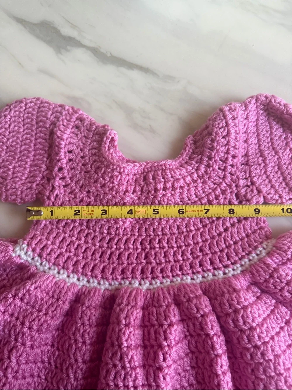 Handmade Pink Crochet Baby Girl Dress Puff Sleeve White Trim 3-6 Months
